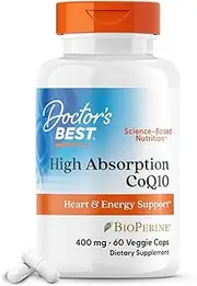 Doctor's Best High Absorption CoQ10 with BioPerine, Non-GMO, Vegan, Gluten Free, Naturally Fermented, Heart Health and Energy Production, 400 mg 60 Veggie Caps