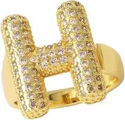 [Generic] Bubble Initial Ring for Women, 14k Gold Plate Balloon Jumbo Letter Rings Open Adjustable Dainty Pave CZ Personalized Fashion Trendy Statement Jewelry Gift