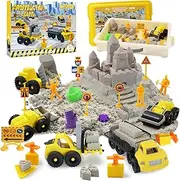 BEIREG Magic Sand Construction Kit, 3lbs Sand with Sandbox, 5 Detachable Construction Vehicles, 4 Brick Molds, 7 Castle Molds, 8 Sand Tools, 7 Road Signs, 4 Worker, Building Toys for Ages 3-8+ Gift