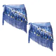 Belly Dance Hip Scarf with Tassels Sequin Coin for Party(Dark Blue, Pack of 2)