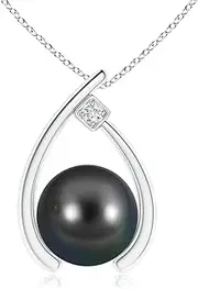 [Angara] Tahitian Cultured Pearl Wishbone Pendant Necklace with Diamond in Sterling Silver/10ct/14ct Solid Gold for Women | June Birthstone Jewellery for Her