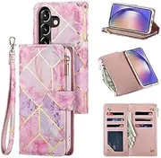 [UEEBAI] Wallet Case for Samsung Galaxy S24 Plus 5G, PU Leather Case Magnetic Closure Handbag Zipper Pocket Case Kickstand Card Slots with Hand Strap Marple Flip Case for Women - Pink Purple