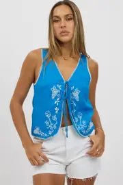 Blue Linen Vest Sleeveless Embroidery - Size 6XXS, Women's Jacket