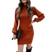 Nevenka Womens Turtleneck Long Sleeve Dress Knit Slim Pullover Dress-Red