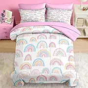 Pamnest Comforter Set Twin Size, Cute Cartoon Rainbow 5 Pcs Bedding for Kids and Adults, Pink Boho Cloud Nursery Bed Sheet Sets with Fitted Sheet Pillowcase & Sham for Bedroom Bed Decor