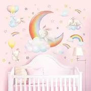DECOWALL SG2-2313 Rainbow Moon Clouds and Rabbits Wall Stickers Decals Kids Dream Bedroom Star Room Nursery Girls Baby Decorations Girly Balloon Living playroom