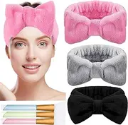 YBVABE Makeup Headband & Mask Brushes Set - Spa Headband, Soft Coral Fleece Skincare Cosmetic Headband for Women & Girls Bow Elastic Hair Band, Including Three Washing Face Headbands