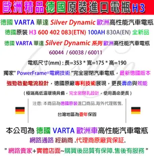 【電池達人】VARTA H3 德國進口 華達電池 汽車電瓶 60038 60044 100AH BMW BENZ 保時捷