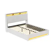Bed Frame Gas Lift LED Beds Base Platform White PVC Leather Storage Headboard - Double