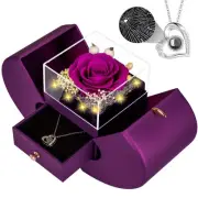 Preserved Purple Real Rose with I Love You Necklace, Eternal Flowers Rose Bir...