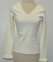 $295 NEW Pearl by LELA ROSE Knit Top Pullover Ivory White Sweater Ruffle XS S M