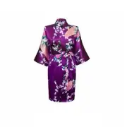 Women Bride Bridesmaid Gown Robe Satin Kimono Short Floral Bridal Wedding Purple Silk