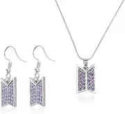 [SUEHBEXF] Kpop Idol Necklace Earrings Set - Necklace and Earrings in Silver with Purple Sparkling Stones, Geometric Double Shape Design, Army Fans Accessories for Concerts, Kpop Gift for Fans