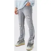 Mens Light Grey Slim Flare Distressed Gusset Panel Jeans
