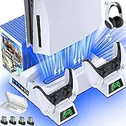 EXTREMECOOL PS5 Stand Cooling Fan with 4 Gears, Dual Fast Controller Charging Station 13 Game Storage, Accessories Vertical for Sony Playstation 5 Digital/Disc Edition White