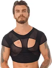 [Bollrllr] Men's Short Sleeve Running Vest Slim Tops Sheer Mesh Cutout Tops Men's Clubwear