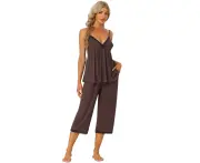 cheibear Cami Top Pants Waffle Knit Pajama Set Brown