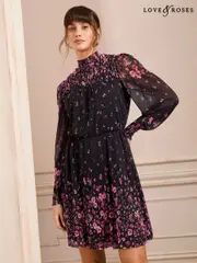 Love & Roses Black Floral Mini Plisse Dress (AD7029) | $58