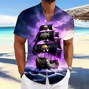 Halloween Men's Ocean Sailboat Skulls Shirt Summer Shirt Button Up Shirt Short Sleeve Vintage Retro Dark Holiday Streetwear Summer Spring Turndown 3D Print Col