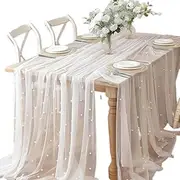 White Pearl Table Runner Tulle Fabric Tablecloth Beaded Pearl Table Cover Mesh Sheer Table Cloth for Bridal Shower Birthday Party Wedding Arch Veil Dessert Table Decorations (White, One Size)