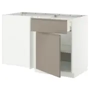 METOD / MAXIMERA corner base cab w drawer and shelf, white/Upplöv matt dark beige, 128x68x80 cm
