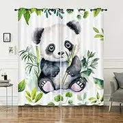AILONEN Cute Panda Window Curtain,Watercolor Panda Window Drapes-2 Panels Set for Boys Girls,Kawaii Panda Green Bamboo Leaves Print Window Curtain for Bedroom/Living Room, 38" W x 54" H