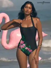 Love & Roses Black Tropical Printed Halter Tummy Control Swimsuit (AV8368) | $106