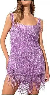 [LIK EPOCH] Women's Fashion Sexy Sleeveless Halter Neck Tassel Fringe Sparkly Party Dress Cocktail Evening Mini Bodycon Dress