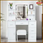 Modern Dressing Table Makeup Lighted Mirror with Drawers Vanity Cabinet Stool