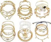 [17IF] 18-25 Pcs (6 Pack) 14K Gold Silver Bracelets Set for Women Girls Boho Stackable Y2K Chain Layered Multipack Bangles Adjustable Layering Cuff Italian Cuban Anklet Charm Chunky Bracelet Bundle Jewelry