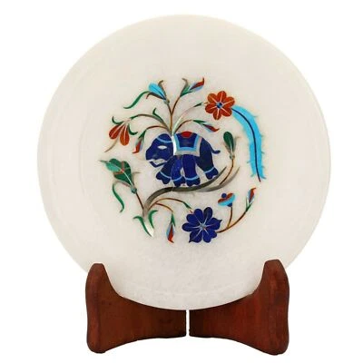 White Marble Plate Floral Lazuli Elephant Inlay Semi Precious Christmas Decor