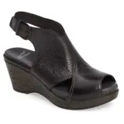 Dansko Vanda Distressed black peep open toe sandal slingback wedge heels 40