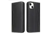 For iPhone 15 Case Fierre Shann Genuine Cowhide Leather Wallet Cover Black