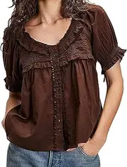 [Faretumiya] Women Ruffle Lace Trim Top Y2k Short Sleeve Flowy Button Blouse Boho Eyelet Babydoll Tops Coquette