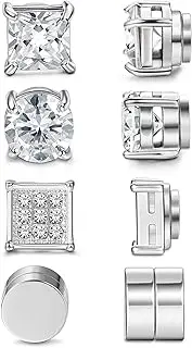 [Jstyle] 4 Pairs Stainless Steel Magnetic Stud Earrings for Men Women Silver Tone CZ Non-Piercing Clip On Stud Earrings Set 6-8MM