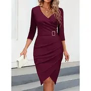 Women's Work Dress Sheath Dress Semi Formal Dress Elegant Office Daily Workfashion Midi Dress Ruched V Neck 3/4 Length Sleeve Plain Regular Fit Black White Win