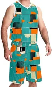 [KQNZT] Basketball Jerseys Shorts Sport Set, Jerseys for Men, Men's Basketball Jersey, Modern Geometric Pattern Green Abstract Art