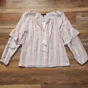 Sanctuary Peasant Top S Womens Pink Long Sleeve Stripe Boho Linen NEW