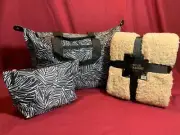 Womens Three piece Tote travel bag, cosmetics bags and light weight Blanket
