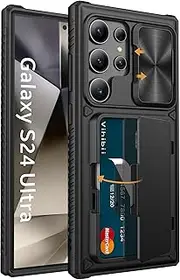 [Vihibii] for Samsung Galaxy S24 Ultra Case with Card Holder (4 Cards) & Slide Camera Cover & Kickstand, Shockproof Rugged Hard Back & TPU Soft Edge Wallet Case for Galaxy S24 Ultra 5G 6.8" 2024, Black