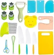 17 Pack Montessori Kids Safe Cutting Knives Set for Cooking,Toddlers Kitchen Knife Set with Wood Knife,Plastic Knife,Crinkle,Sandwich Cutter,Y Peeler,Egg Beater,Scissors and Cutting Board