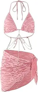[Vaveren] Womens Bikini Set with Chain Top and Bottom Female String Swimsuit Mid Waisted Bottom Halter Neck for Swim Pool Vacation Pink