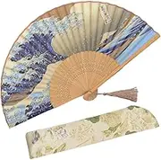 OMyTea Landscape 8.27(21cm) Folding Hand Held Fan - With a Fabric Sleeve for Protection for Gifts - Japanese Vintage Retro Style (Kanagawa Sea Waves)