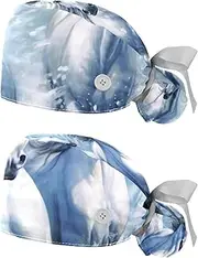 [YTYVAGT] 2-Pc,Nurse Scrub Caps,Scrub Hats with Buttons and Cotton Sweatband,Animals Horses Blue Pattern