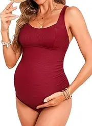 [CUPSHE] Maternity One Piece Swimsuit Scoop Neck Pregnancy Bathing Suit for Women Wide Straps Criss Cross Back Tie Ribbed
