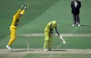 Australian wicketkeeper Adam Gilchrist celebrates as Pakistan- Old Cricket Photo