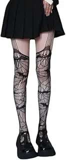 [USUKUSI] Halloween Spiderweb Gothic Tight Stockings Women Fishnet Stockings Suspender Pantyhose Bat Spider Web Thigh High Stockings Striped Open Crotch Mesh Tights, White, One Size Petite