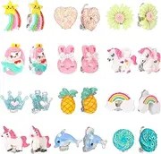 [Bestomrogh] 12 Pairs Kids Clip On Earrings for Girls - Cute Unicorn, Flower, Heart, Rainbow Jewelry Dress Up Set - No Pierced Play Earrings for Kids, Acrylic, Agate