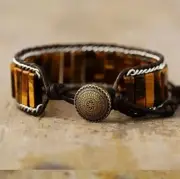 Tiger's Eye Tube Stone Bracelet Brown Stone Braided Leather Adjust Lover Gift