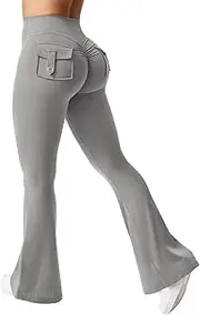 [YEOREO] CoreFlex Flare Leggings with Pockets for Women 31.5" Scrunch Workout Leggings Butt Lifting Gym Yoga Pants Light Grey